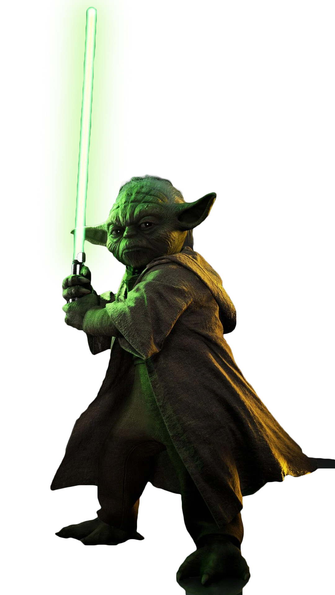 yoda holding his lightsabre up, the glow highlighting an angry look on his face