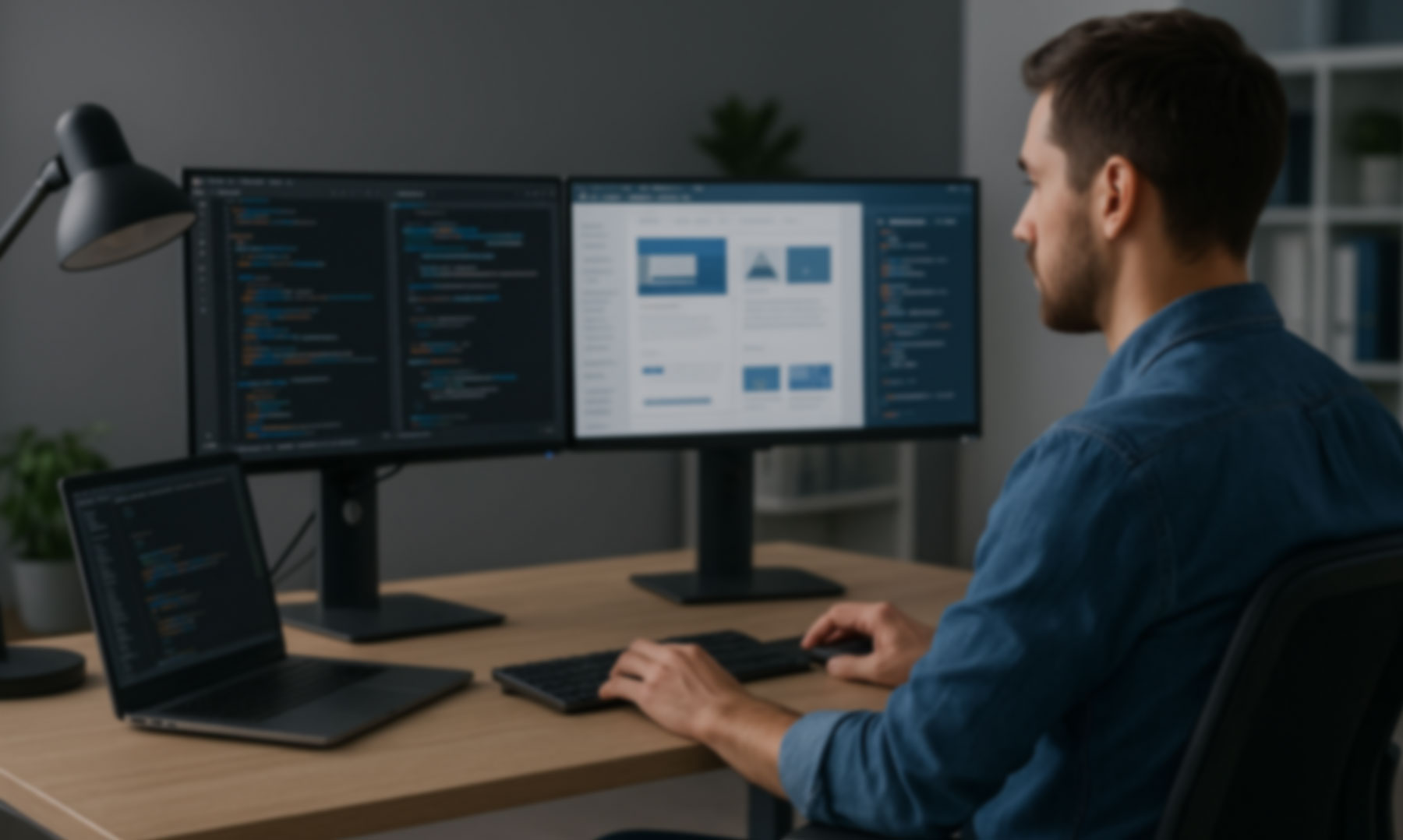 „Ein Mann sitzt in einem modernen Büro an einem Schreibtisch und arbeitet konzentriert an drei Monitoren. Auf den Bildschirmen sind Programmiercode und Webdesign-Oberflächen zu sehen. Links steht ein Laptop, rechts eine Topfpflanze im Hintergrund. Die Umgebung wirkt aufgeräumt und professionell.“